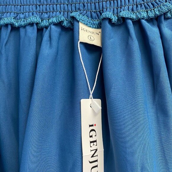 iGENJUN Off Shoulders Lantern Sleeve Smocked Backless A-Line Dress Women L Blue - Picture 7 of 16